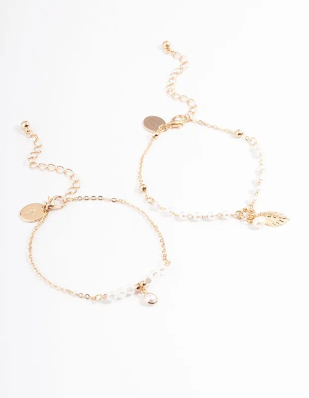 Gold Pretty Pearl & Leaf Bracelet Pack sold by lovisa