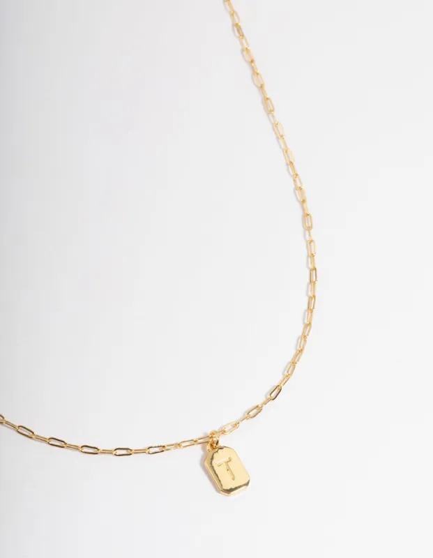 Letter 'T' Gold Plated Rectangle Pendant Initial Necklace sold by lovisa