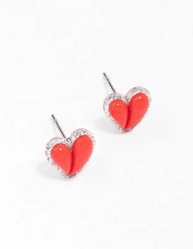 Red Puffy Heart Glitter Stud Earrings sold by lovisa