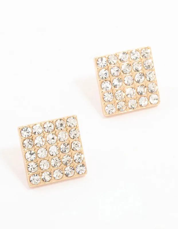 Gold Square Pave Diamante Stud Earrings sold by lovisa