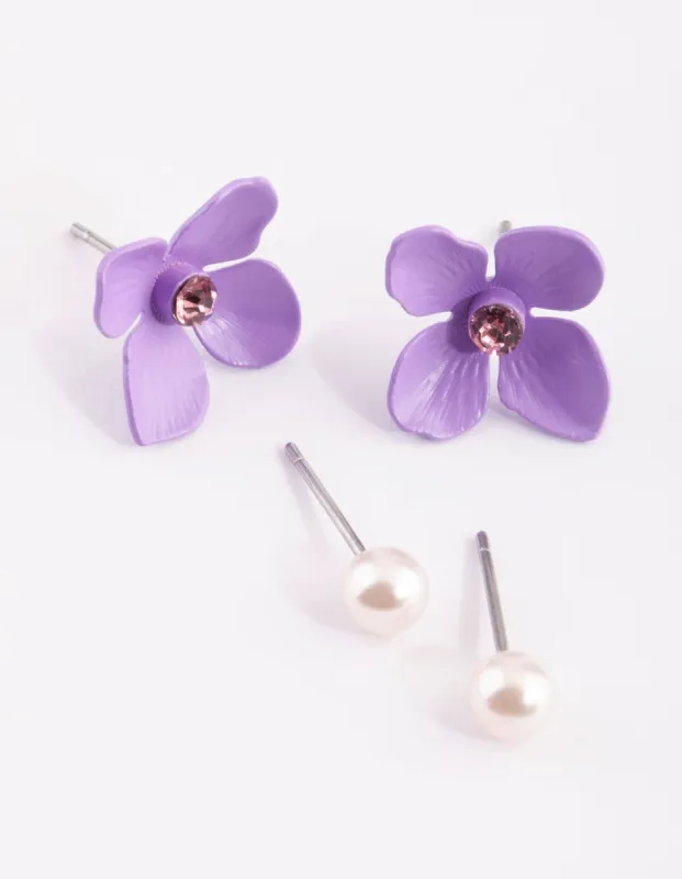 Matte Purple Flower & Pearl Earring Set sold by lovisa