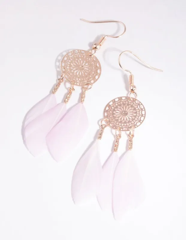 Rose Gold Lilac Feather Earrings sold by lovisa