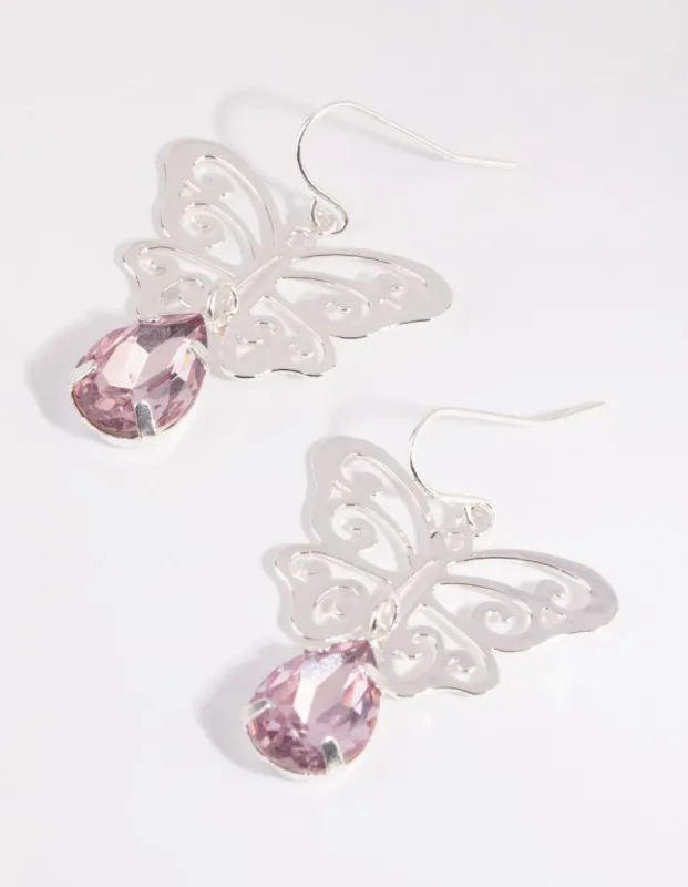 Silver Butterfly & Diamante Drop Earrings sold by lovisa