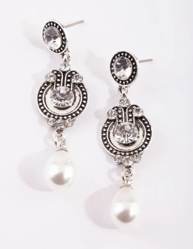 Silver Diamante & Pearl Drop Earrings sold by lovisa