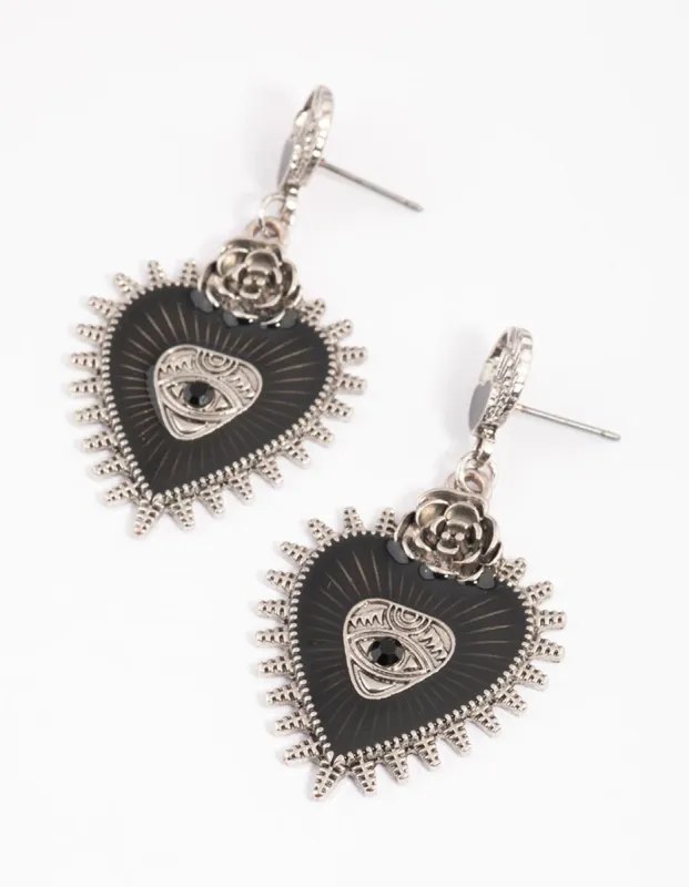 Rhodium Enamel Heart Rose Drop Earrings sold by lovisa