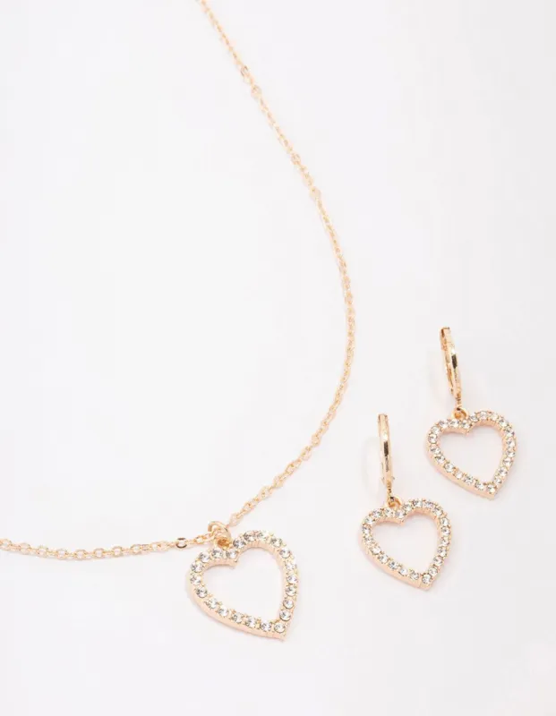 Gold Diamante Heart Necklace & Earring Jewellery Set sold by lovisa