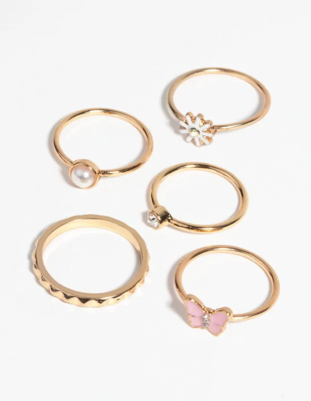 Pink Butterfly & Pearl Ring 5-Pack sold by lovisa