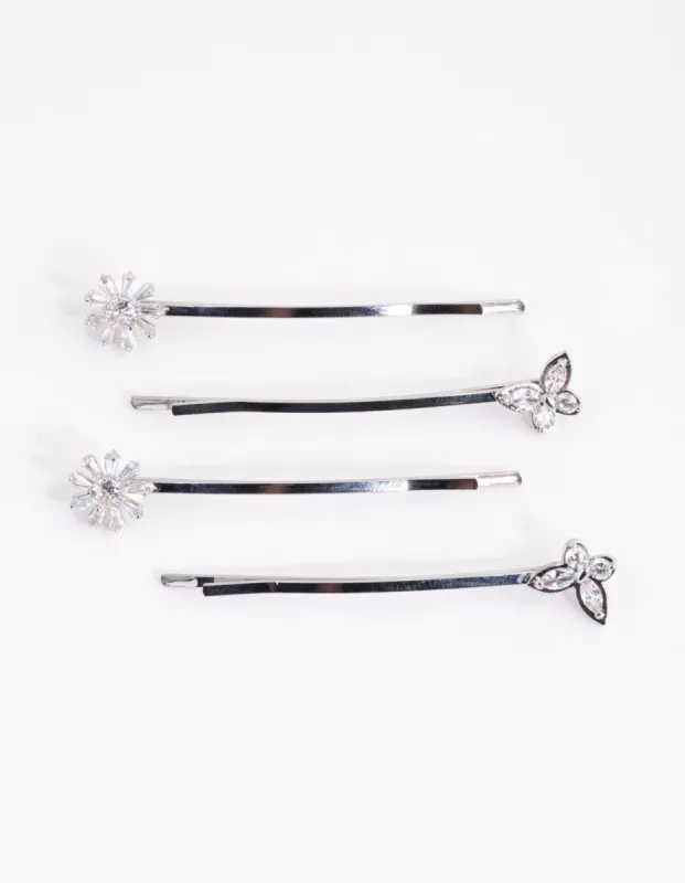 Silver Cubic Zirconia Flower & Butterfly 4-Pack Clip sold by lovisa