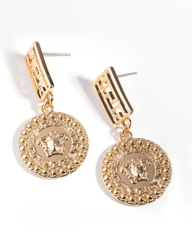 Gold Meandros Disc Drop Earrings sold by lovisa