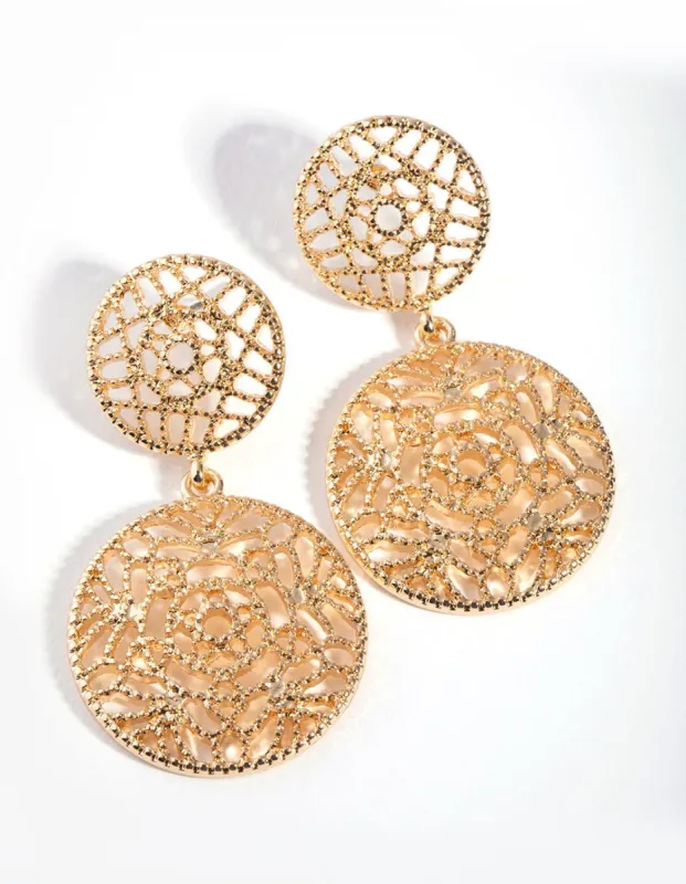 Gold Double Filigree Disc Drop Earrings sold by lovisa