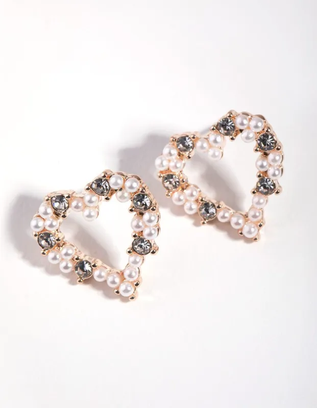 Rose Gold Faux Pearl Open Heart Stud Earrings sold by lovisa