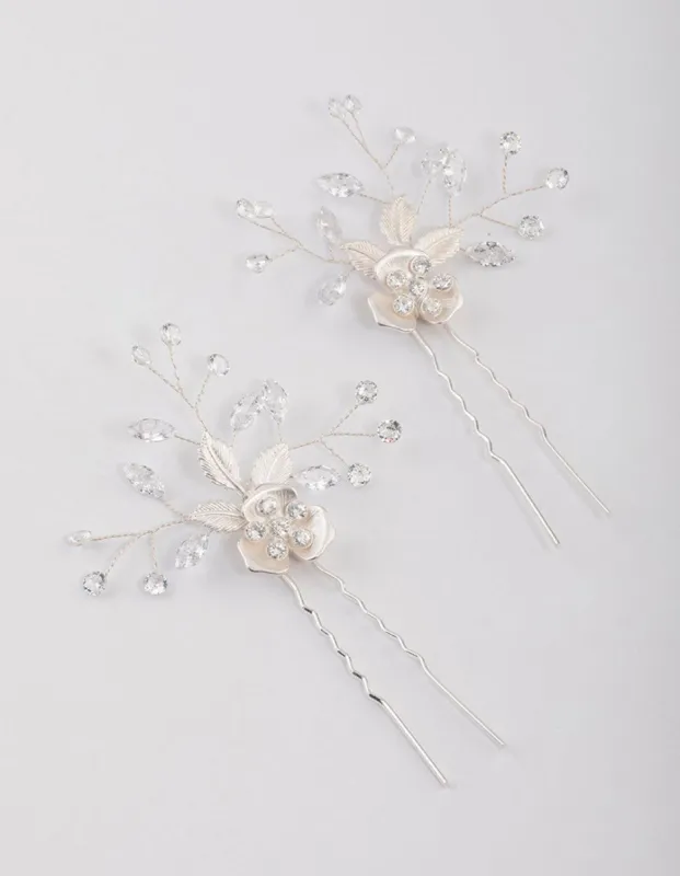 Silver Cubic Zirconia Floral Hair Pins Pack sold by lovisa