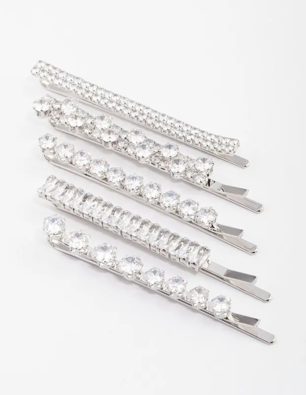Rhodium Cubic Zirconia Mixed Stone Hair Clips 4-Pack sold by lovisa