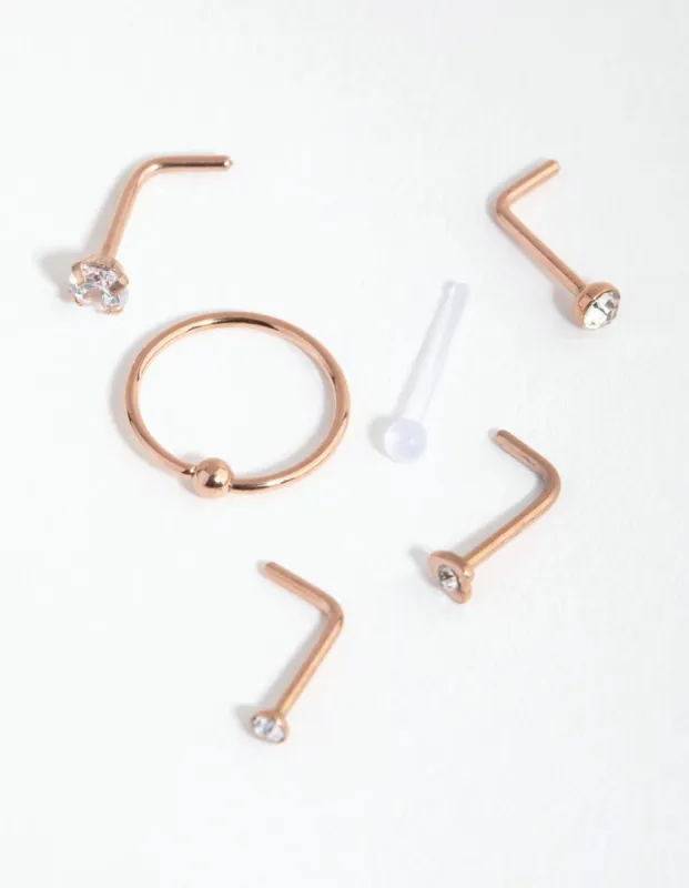 Rose Gold Surgical Steel Diamante Mixed Nose 6-Pack sold by lovisa
