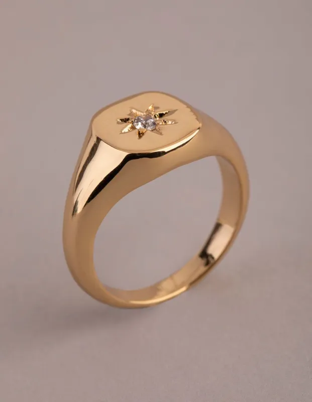 18ct Gold Plated Brass Cubic Zirconia Star Signet Ring sold by lovisa