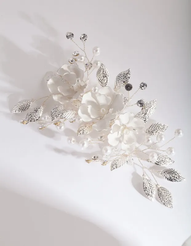 Silver White Floral Hair Clip sold by lovisa