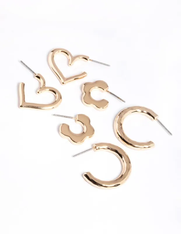 Gold Flower Heart Round Earrings Pack sold by lovisa