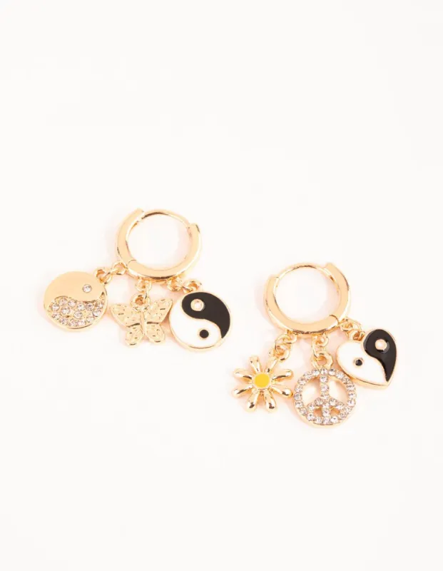 Gold Peace Multi Charm Huggie Earrings sold by lovisa