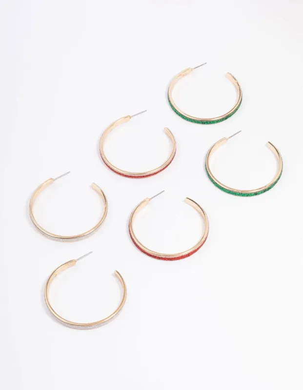 Gold Glitter Festive Hoop Earrings 3-Pack sold by lovisa