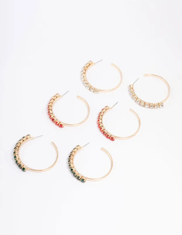 Gold Diamante Festive Hoop Earrings 3-Pack sold by lovisa