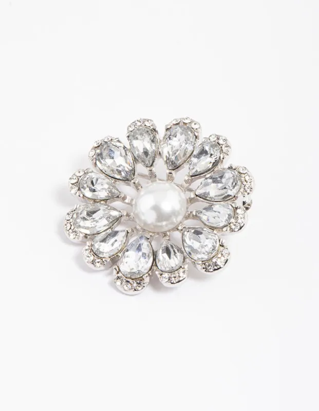 Rhodium Pearl & Pear Flower Brooch sold by lovisa