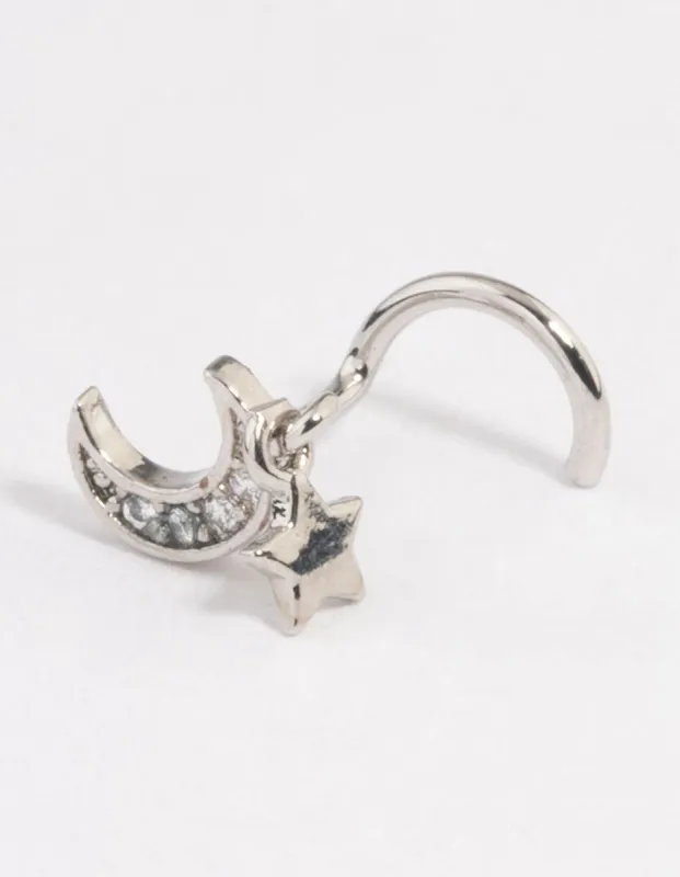 Rhodium Surgical Steel Moon Charm Nose Stud sold by lovisa