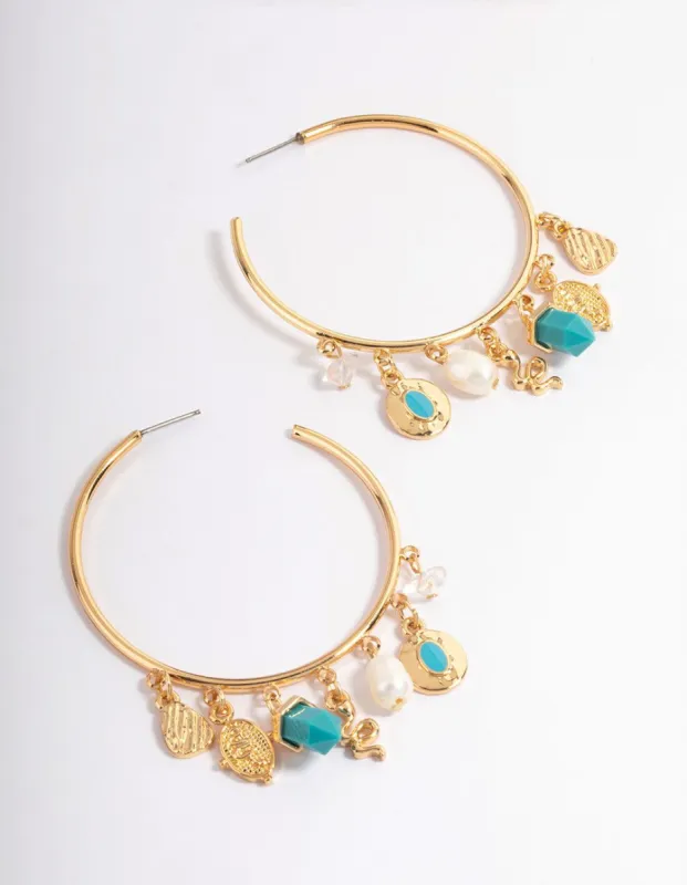 Gold Turquoise & Pearl Mixed Hoop Earrings sold by lovisa
