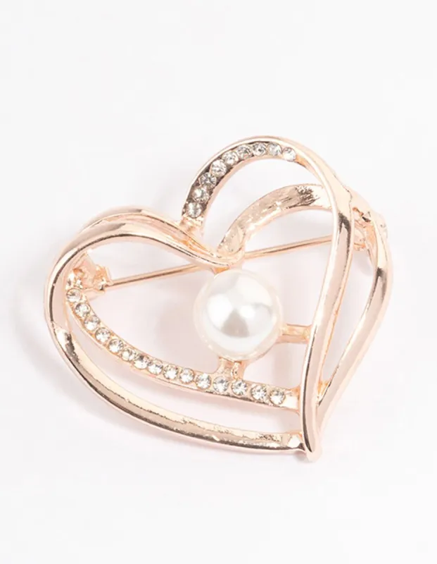 Rose Gold Double Heart Pearl Brooch sold by lovisa