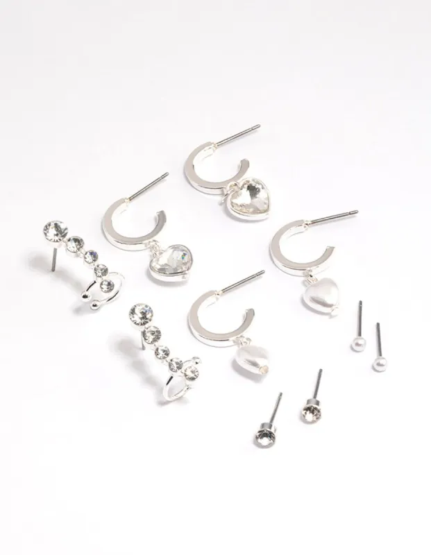 Silver Diamante Pearl Heart Mixed Earring Hoop 5-Pack sold by lovisa