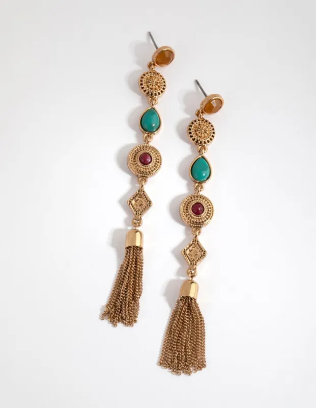 Antique Gold Long Chain Tassel Drop Earrings sold by lovisa