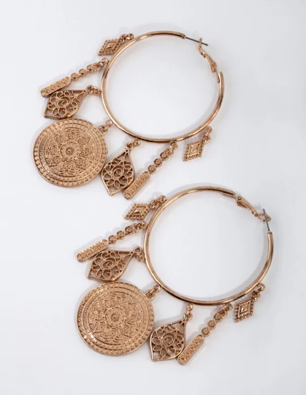 Antique Gold Large Metal Charms Hoop Earrings sold by lovisa
