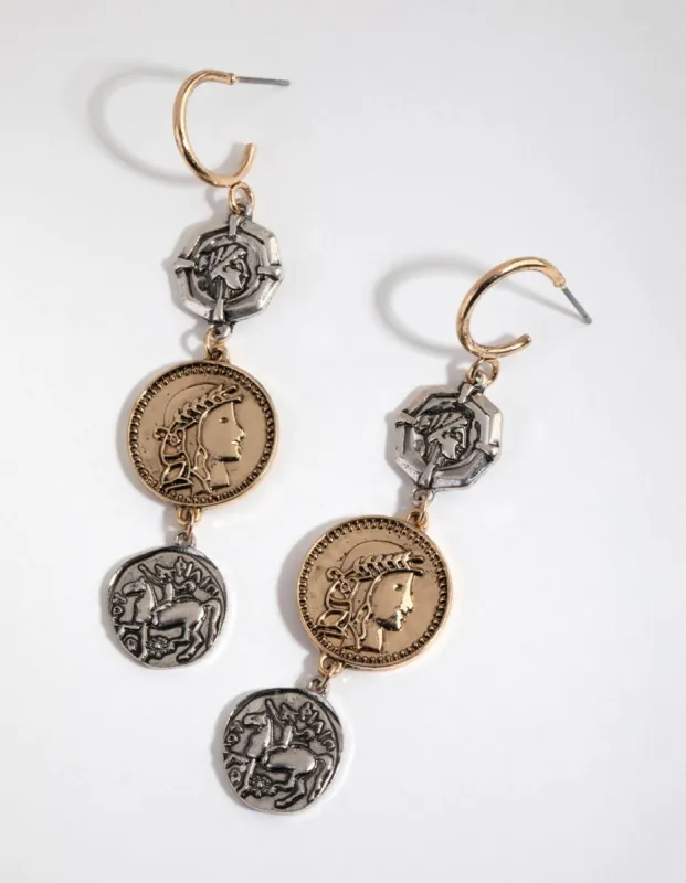 Mixed Metal Tripple Coin Hoop Earrings sold by lovisa