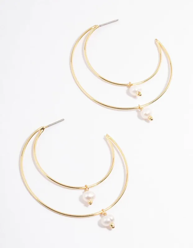 Gold Plated Double Layer Freshwater Pearl Drop Hoop Earrings sold by lovisa