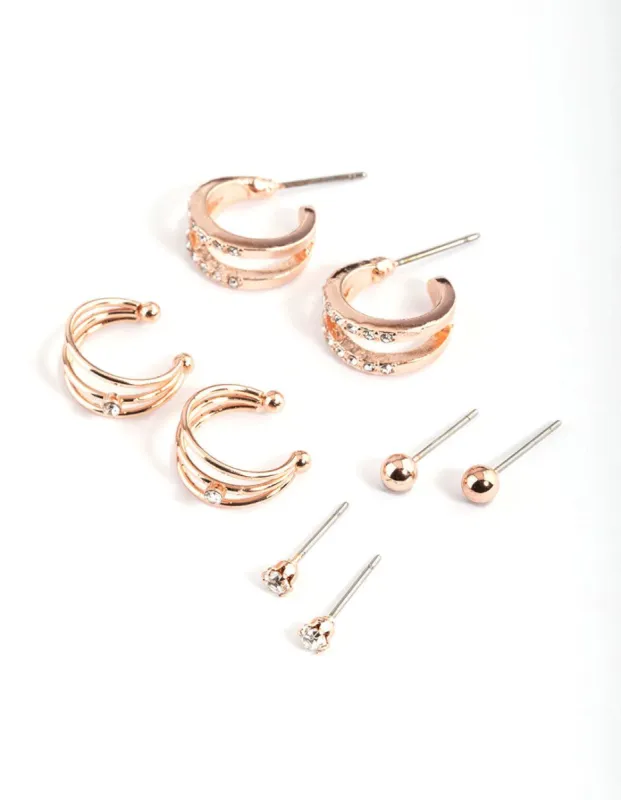 Rose Gold Diamante Double Row Earring 4-Pack sold by lovisa