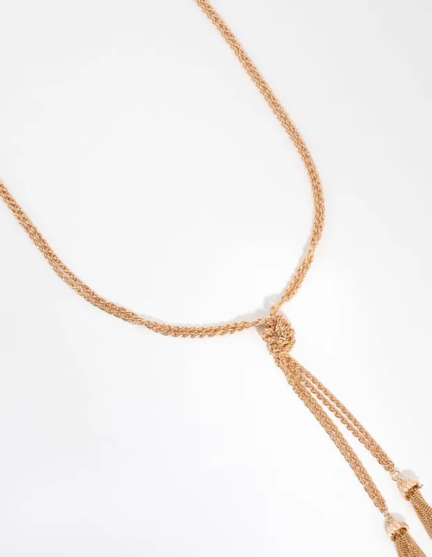 Long Gold Knot & Tassel Necklace sold by lovisa