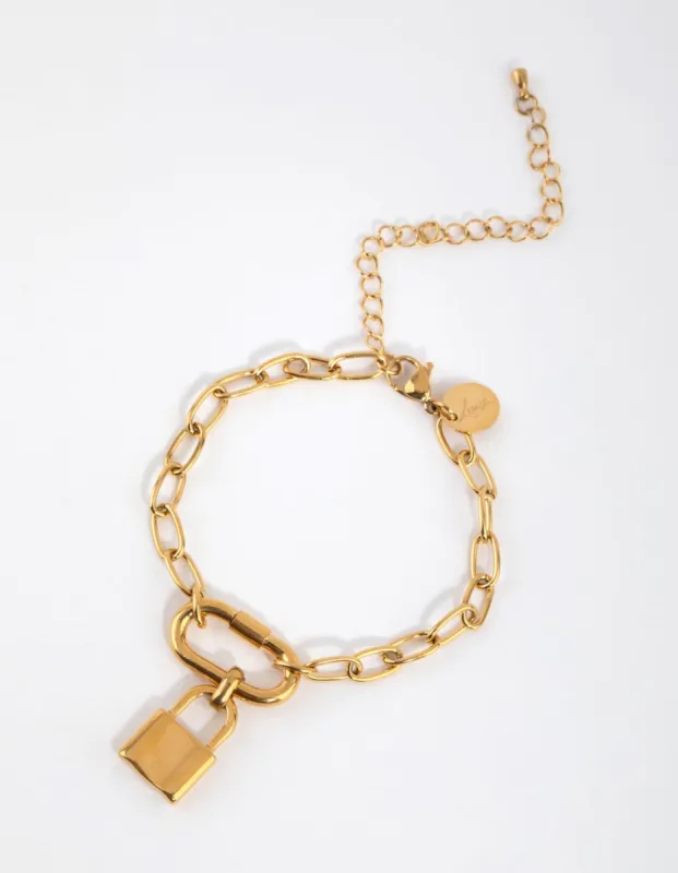 Gold Plated Surgical Steel Padlock Carabiner Bracelet sold by lovisa