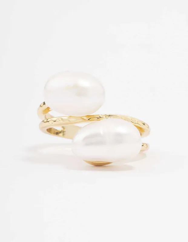 Gold Plated Double Pearl Wrapped Ring sold by lovisa