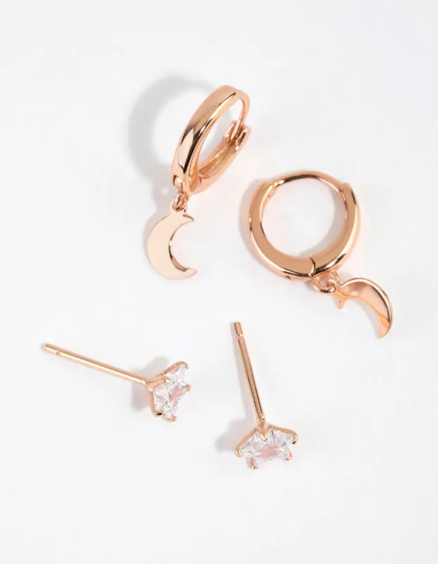 Rose Gold Plated Sterling Silver Moon Earring Pack sold by lovisa