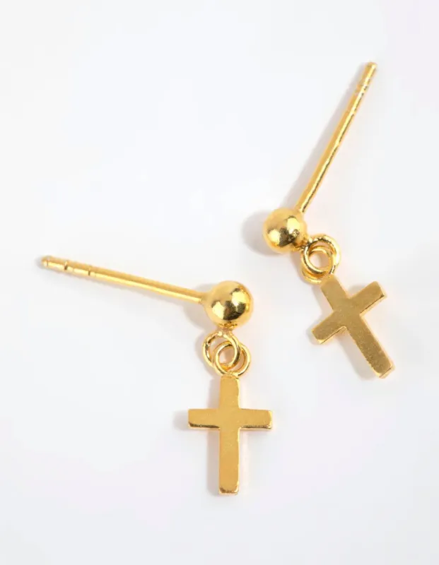 Gold Plated Sterling Silver Mini Cross Drop Earrings sold by lovisa