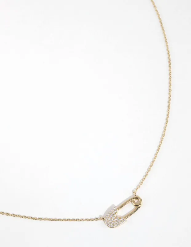Gold Plated Sterling Silver Pave Safety Pin Necklace sold by lovisa