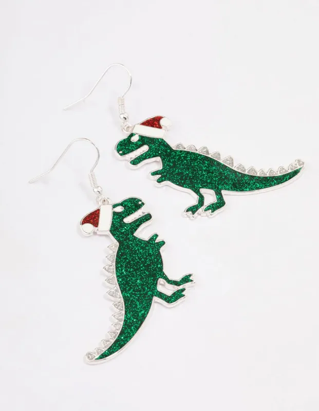 Silver & Green Dinosaur Christmas Drop Earrings sold by lovisa