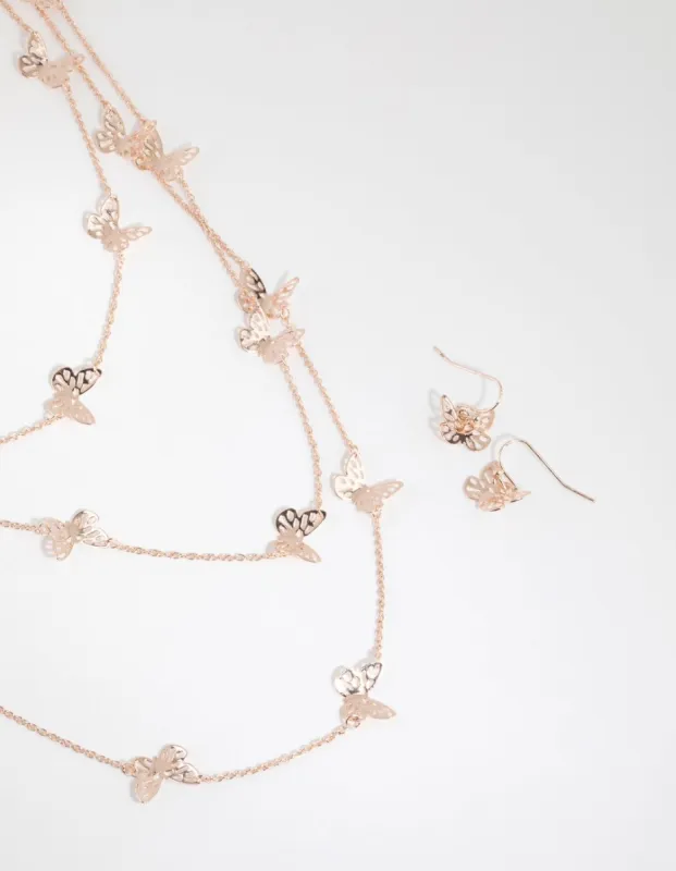 Rose Gold Cut Out Butterfly Necklace & Earring Set sold by lovisa