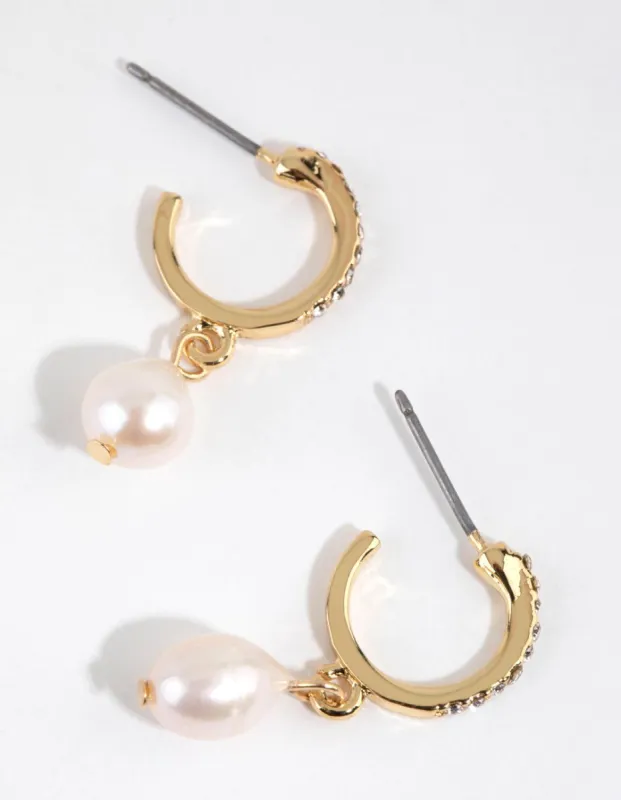 Gold Plated Diamante & Freshwater Pearl Huggie Earrings sold by lovisa