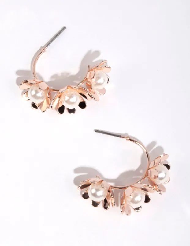 Rose Gold Flower & Pearl Hoop Earrings sold by lovisa