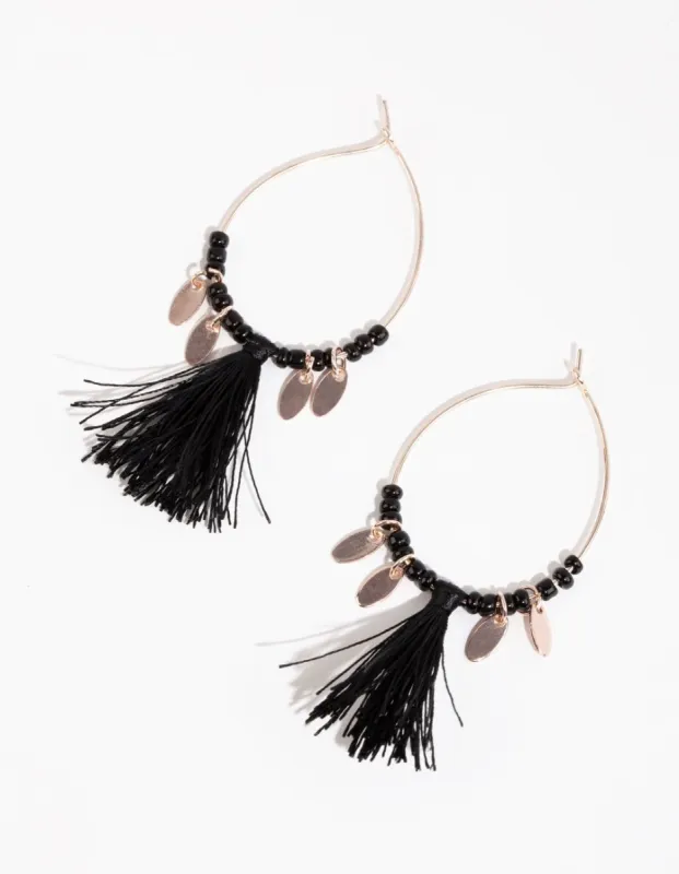 Black Thread & Bead Hoop Tassel Earrings sold by lovisa