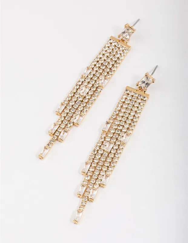 Gold Plated Cubic Zirconia Baguette Waterfall Drop Earrings sold by lovisa