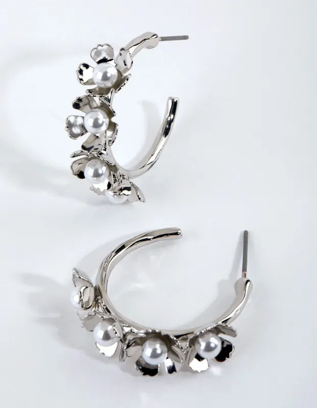 Rhodium Flower Pearl Embellished Hoop Earrings sold by lovisa