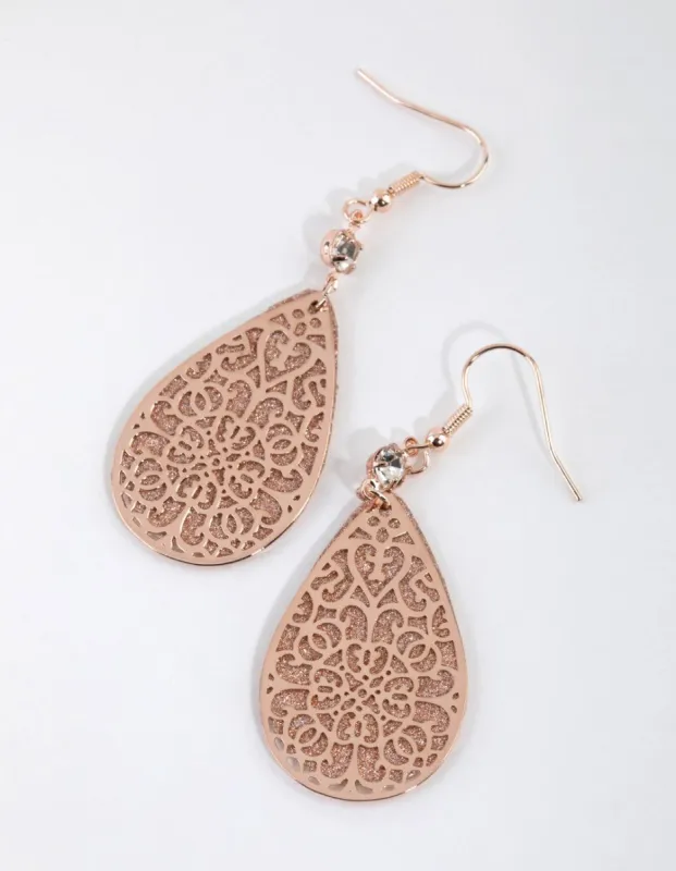 Rose Gold Filigree Pear Glitter Earrings sold by lovisa