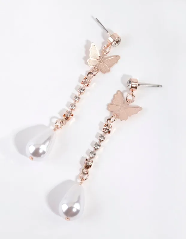 Rose Gold Diamante Pearl Butterfly Earrings sold by lovisa