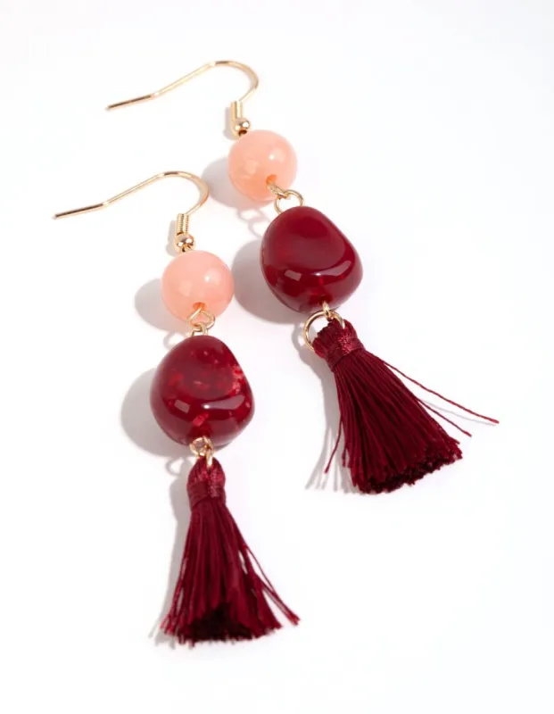 Red Double Stone Drop Tassel Earrings sold by lovisa